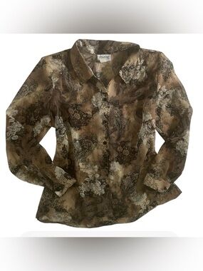 VTG 90s Blair Sheer Chiffon Paisley Blouse with Shoulder Pads Brown Tan L